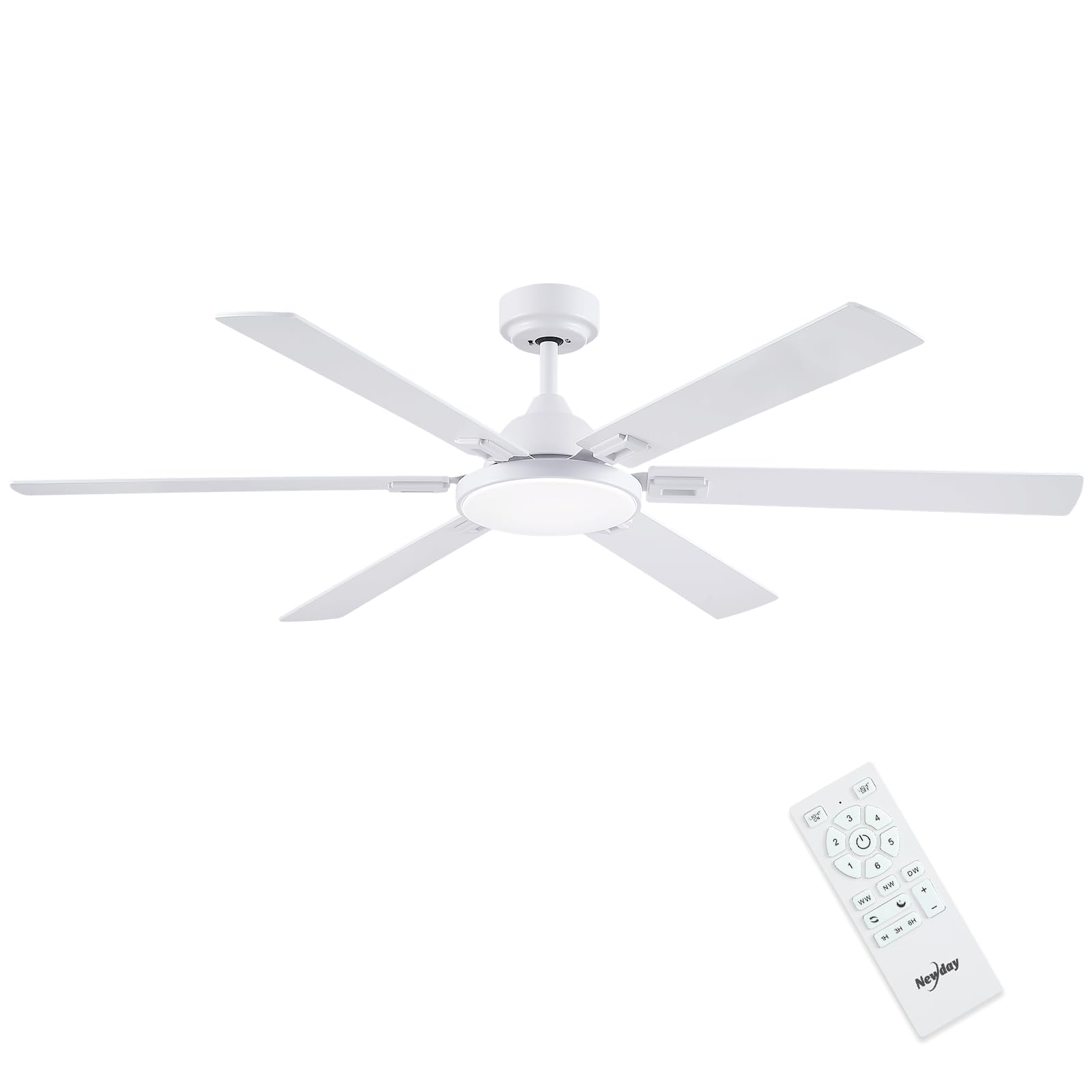 Newday White Ceiling Fan with 6 Blades, 153 cm Large Ceiling Lamp Fan with Light and Control, Stepless Dimmer, Sleep Mode, 3 Timer, Reversible DC Motor Quiet for Living Room