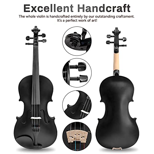Poseidon Violin For Beginners, Kids Adults Beginner Kit For Student Black Solidwood Spruce Stringed Musical Instruments With Hard Case, Extra Bows, Extra Strings, Shoulder Rest, Rosin, Clip-On Tuner #TOP1