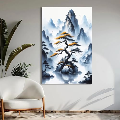Impression sur toile de paysage premium, affiche style chinois lac de montagne brumeux 21x30