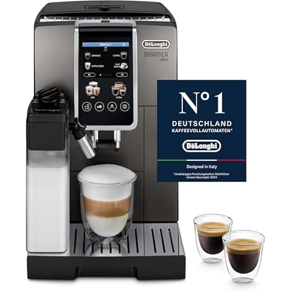 De Longhi Dinamica Plus ECAM380.95.TB automatyczny ekspres do kawy z systemem mlecznym LatteCrema One-Touch Cappuccino z 24 przepisami kolorowy wyświetlacz TFT o przekątnej 3 5 cala 1450 W