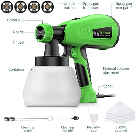 Paint Sprayer, ginour Fence Paint Sprayer with 3 Painting Modes, 4 Nozzle Sizes, 400W 1300ml Detachable Container, 800 ml/min, HVLP Paint Spray Gun for Furniture Garden