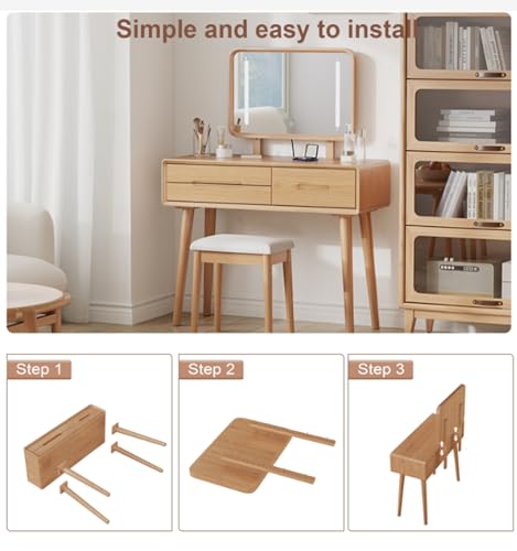 Image of KungFuWood Solid Wood Vanity Desk with Mirror and Lights,Adjustable Height and 3 Lighting Modes, Makeup Vanity with 3 Drawers,Easy Assemble Vanity Table,Dressing Table for Women Bedroom