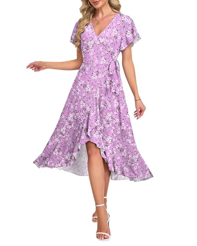 AUSELILY Women Summer Midi Dresses Wrap Short Flutter Sleeve Elegant Dress