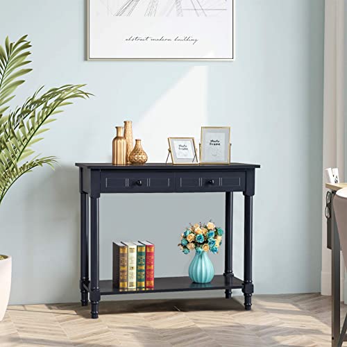 Karl Home Console Table With 2 Drawers, Narrow Sofa Side Table Entryway Desk With Bottom Storage Shelf, Tv Stand For Living Room Hallway Office, Navy Blue/Black 29.7" H #TOP5