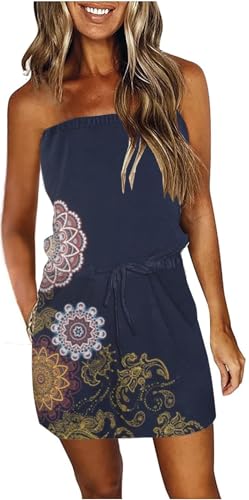 Image of Summer Dress for Women Strapless Beach Cover Ups Boho Sundress Mini Dress Drawstring Waist with Pockets