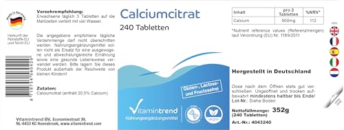 Calciumcitrat 900mg Tabletten von Vitamintrend, 240 vegane Tabletten