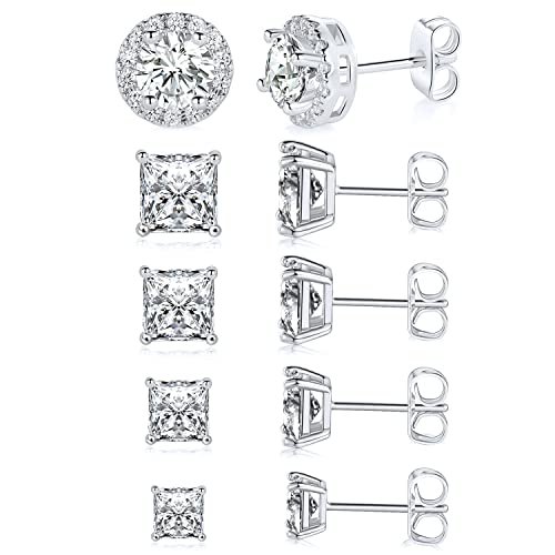 Simulated Diamond Earrings For Women 18K White Gold Plated Cubic Zirconia Earingings Round Square Halo Cz Ear Studs Piercings Mens Fashion Jewelry Hypoallergenis Gifts Pack Of 5 Pairs #TOP24