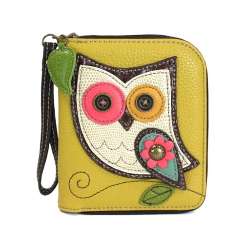 CHALA Zip Around Wallet, Wristlet, 8 Credit Card Slots, Sturdy Pu Leather - Owl - Mustard