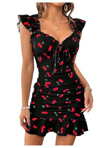 Image of MakeMeChic Women's Cherry Print Ruffle Sleeve Bodycon Dress