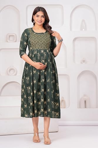 Image of The Moon Star Women's Cotton Floral Printed Anarkali Maternity Feeding Kurti | Breastfeeding Dress for Mothers | Zipper Feeding Kurti, Nursing Kurti, Comfortable and Trendy Maternity Wear