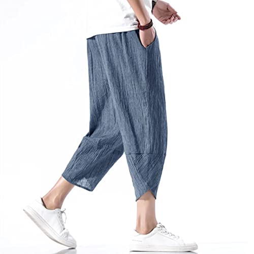 INVACHI Men\'s Casual Elastic Waist Linen Capri Pants Wide Leg Baggy Cotton Harem Yoga Trousers Blue