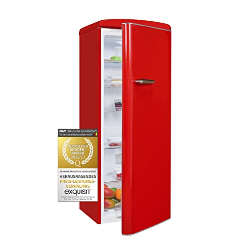 Exquisit® Frigorífico Retro, Capacidad 229L, Una Puerta, Clase Energética F, Tiradores Externos, Estantes de Cristal, Cajón Verdulero, Iluminación LED Color Rojo, Dimensiones 144x54,5x57,5 cm.