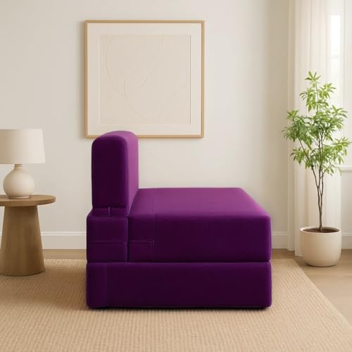 Image of PUM PUM 2-Seater Sofa Cum Bed | EPE Foam Foldable Couch with Velvet Fabric & Washable Cover | Convertible Sofa Bed for Home, Living Room & Office Guests | 3 x 6 Ft (Purple)