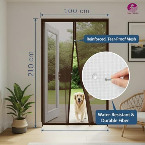 Image of Divayanshi Mosquito Net for Door 100x210 cm | Magnetic Fly Mesh Curtain | Fiberglass Polyester Insect Screen | Auto Closing Hands-Free Mosquito Net with Self Adhesive Hook Tape - Brown /Black