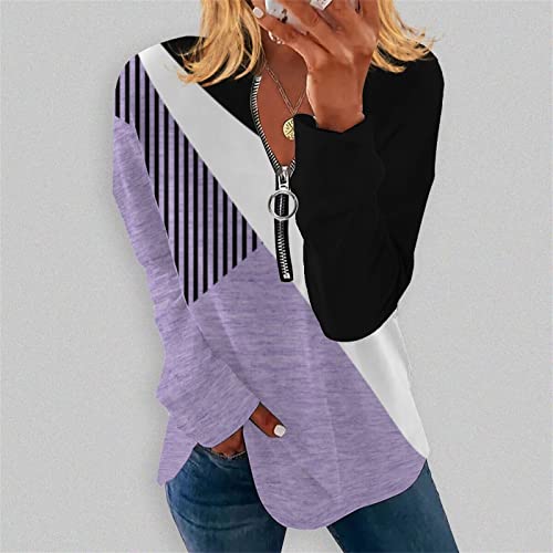 Fall Tops For Women， Geometric Print Zipper Long Sleeve Blouse Loose Pullover Shirts Athletic Shirts Graphic Tee Cute Shirts For Teen Girls #TOP3