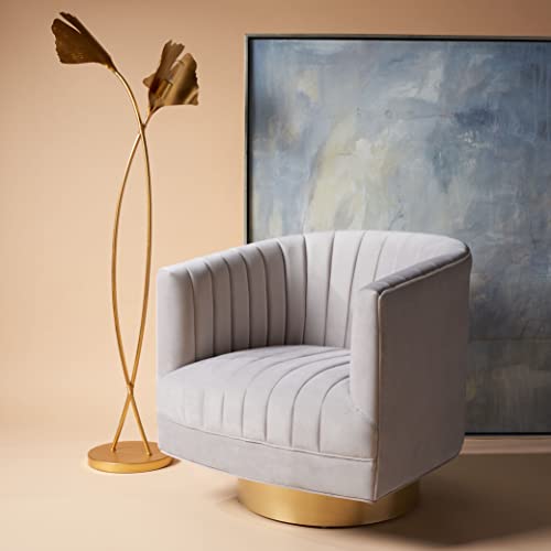 Safavieh Couture Home Collection Josephine Velvet Upholstered Swivel Barrel Living Room Vanity Bedroom Accent Chair (Fully Assembled) Sfv4726B, Pale Taupe/Gold #TOP17