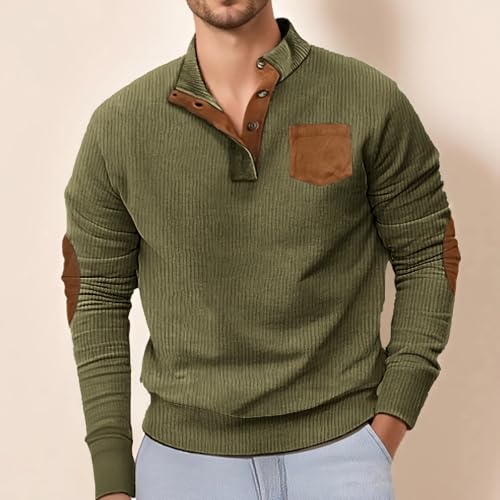 Hawyet Corduroy Pullovers for Men Retrp Style Stand Collar Elbow Patched Long Sleeve Winter Fall V Neck Sweaters3
