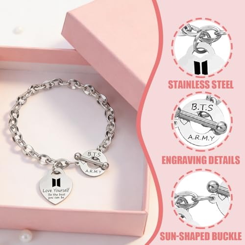NHPY BTS Pulsera de Acero Inoxidable,Pulsera BTS Ajustable,Pulsera Unisex de Plata,con Colgante de Corazón,Kpop Merchandise,BTS Merchandise Perfecto para Fans y Regalos - imagen 4