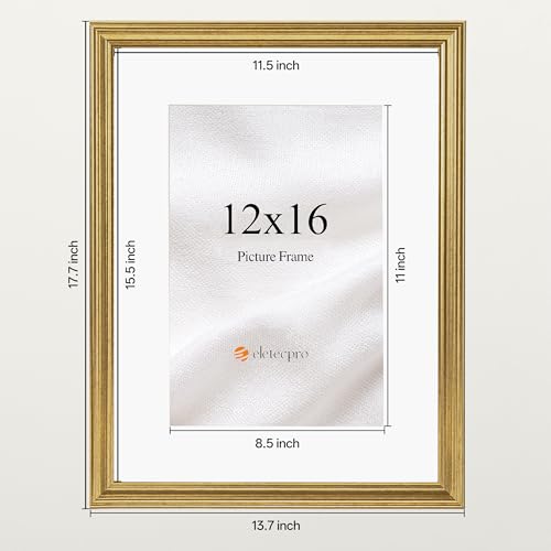 Image of eletecpro 12x16 Gold Picture Frames Set of 4, Vintage Photo Frames with Clear Acrylic Cover, Gallery Wall Art Display 8.5x11 Photo with Mat or 12x16 without Mat for Tabletop and Wall Mount, Home Decor