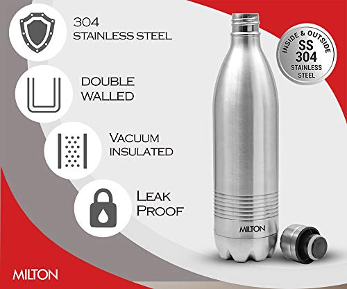 Milton Thermosteel Duo Dlx 1000, Double Walled Vacuum Insulated Flask 1000 Ml | 34 Oz | 1 Ltr |24 Hours Hot And Cold Water Bottle, 18/8 Stainless Steel, Bpa Free, Food Grade, Leak-Proof | Silver #TOP4
