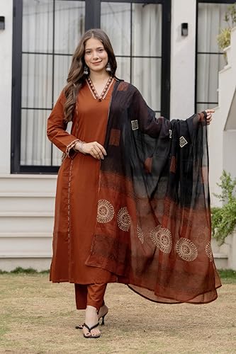 Image of MEERA FAB Women Floral Printed Pure Cotton Straight V-Neck Kurta with Palazzos & Dupatta