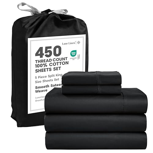 Image of LANE LINEN Split King Sheet Sets for Adjustable Beds - 5 PCs, 450 Thread Count Split King Sheets Set - Sateen Weave King Split Sheets - Split Top King Sheets Set for Adjustable Bed - Black