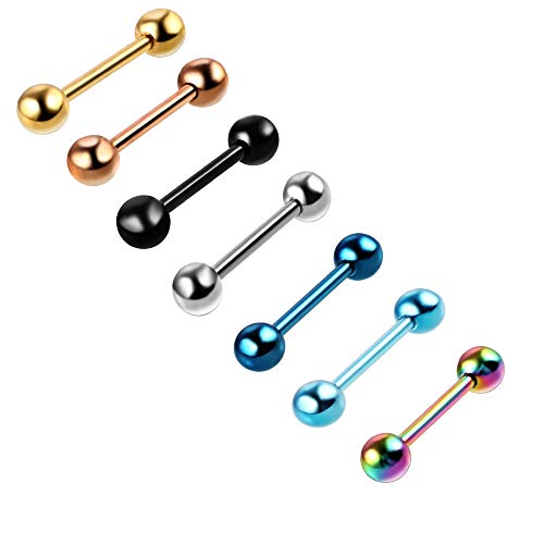 7Pcs 14G Surgical Steel Titanium Anodized Tongue Straight Barbell Rings Piercing Tongue Retainer Body Jewelry 14G #TOP1