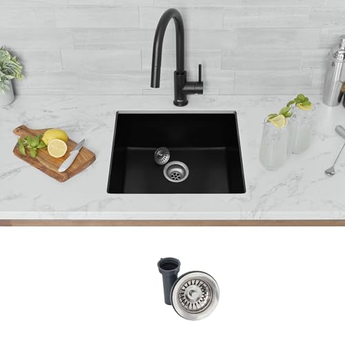 Image of Stylish Pietra 22 Inch Composite Granite Kitchen Sink, Single Bowl Dual Mount Drop-In or Undermount, Quartz Composite (80% Quartz), 8-1 /4 inch Deep, Rear Center Drain, Strainer included, Black, S-822N