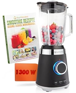 NUTRI-BLENDER GLAS Standmixer Hochleistung 1300W Hochleistungsmixer Smoothie-Maker Profi Blender, 1, 75L Glasbehälter, Edelstahlgehäuse, 4 Klingen, BPA-frei, Leise, Variable Stufen, 3 Auto-Programme