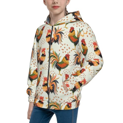 Colorful Roosters Kids Pullover Hoodies Boys Zip Up Sweatshirts Girls Athletic Clothes with Pocket