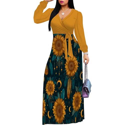Image of PinkPatty Women's Long Sleeve Maxi Dress Plus Size Trendy Wedding Guest Dress with Pockets&Belt
