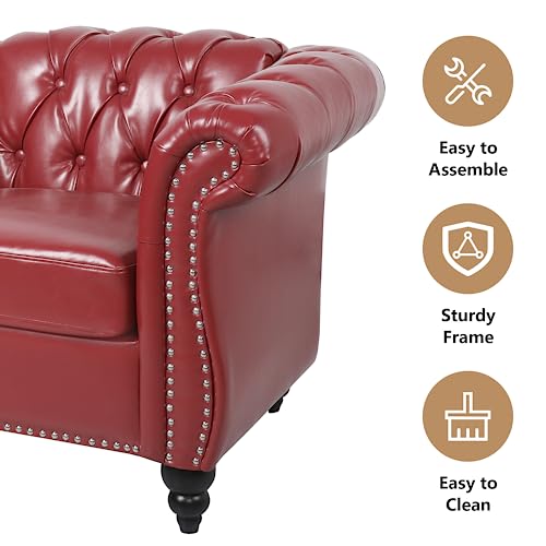 Image of QHITTY Accent Large Sofa, Chesterfield Couch 3 Seater Modern Leather Couch Upholstered Sofa with Tufted Back for Living Room Furniture (Burgundy)