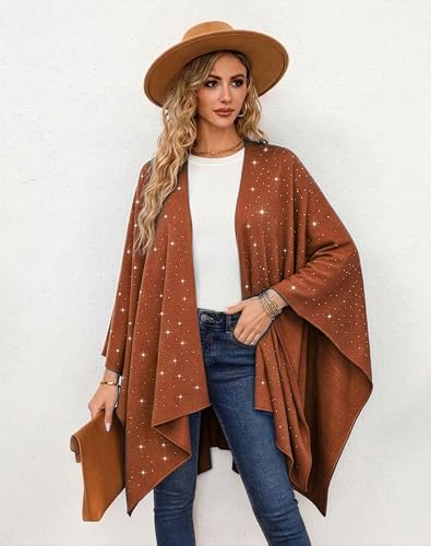 Image of Womens Rhinestones Open Front Poncho Shawl Wrap Cape Ruana Travel Blanket Cardigan