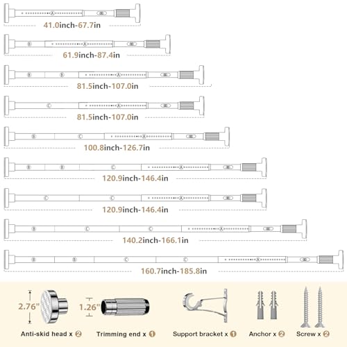 Image of Silver Tension Curtain Rod 41-185In(4-15Ft), Extra LongOutdoor Curtain Rod No Drilling for Window or Patio, Heavy Duty Curtain Shower Rod for Bathroom,Rod Diameter 1.26In-One-bond stretching