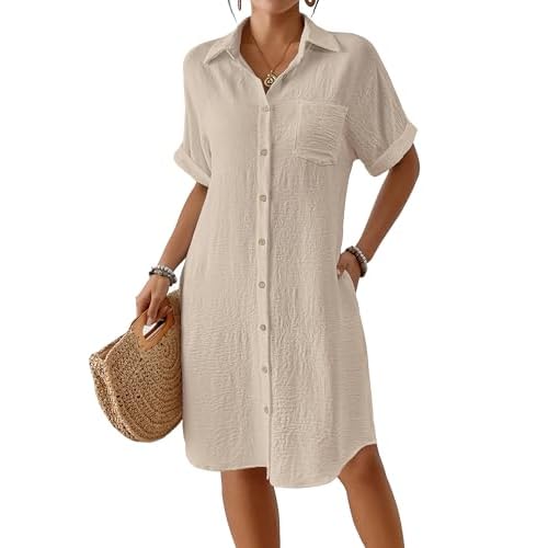Bsubseach Womens Swimsuit Coverup Long Button Down Bathing Suit Cover Ups Short Sleeve Summer Beach Shirt Dress with Pockets Apricot Large