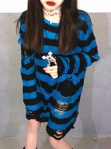 Goth Y2K Pull rayé grunge déchiré punk gothique pour femme, bleu et noir – vue 3