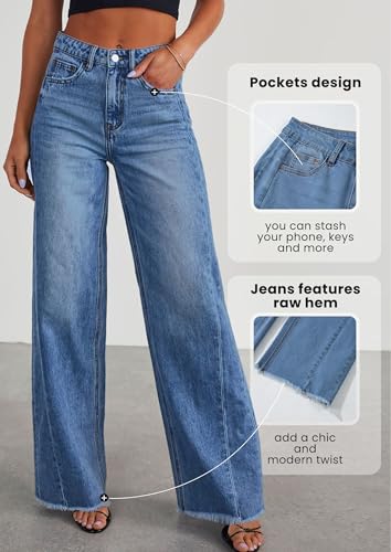 PRETTYGARDEN Wide Leg Jeans for Women Trendy 2025 High Waisted Stretchy Baggy Raw Hem Denim Palazzo Pants with Pockets2