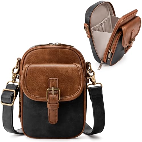 Mini Crossbody Cell Phone Purse for Women Vintage Small Cross Body Bag with Card Slots, Vegan Leather Crossbody Wallet Pouch (Black & Brown)