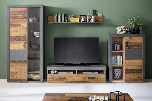 trendteam smart living - Indy - Wohnwand - Eiche/Grau - Anbauwand mit Stauraumvitrine, Stauraumelement, TV-Unterschrank und Wandboard - (BxHxT) 343 x 189 x 40 cm - antikfarbene Griffe