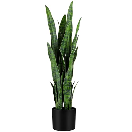 KOL 3ft Artificial Snake Plant Fake Sansevieria Indoor Decoration, 32 Thick Leaves Lifelike Faux Silk Plant, Home Garden Decor Mother in Law Tongue Plant 35in, Fake Sansevieria Faux Potted, Green