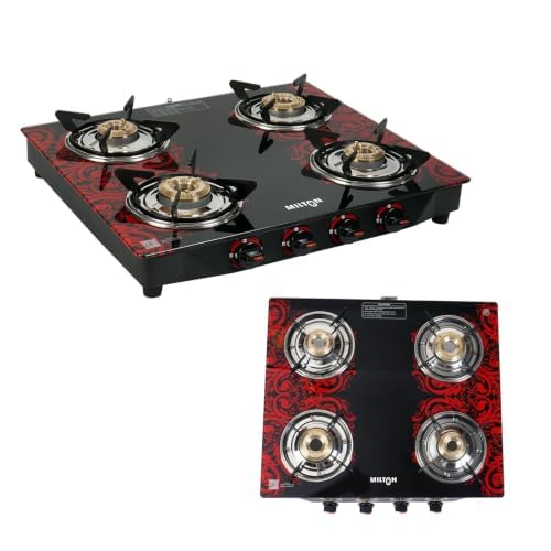 MILTON Premium Red Manual Ignition Glass Top Gas Stove, (ISI Certified) (4 Burner)
