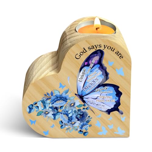 Religious Gifts for Friend Sister, Inspirational Scripture Wooden Candle Holder, Floral Butterfly Decor Heart Shape Candle Holder Keepsake, Gods Says You are Unique Bible Desktop Decor Supplies