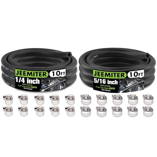 Image of Jeemiter 1 /4 inch & 5 /16 inch ID Fuel Line Hose Combo Pack - 10FT Each (20FT Total) with 20 Clamps - SAE 30R7 Small Engine Repair Kit for Lawn Mowers, Generators, ATVs, Motorcycles