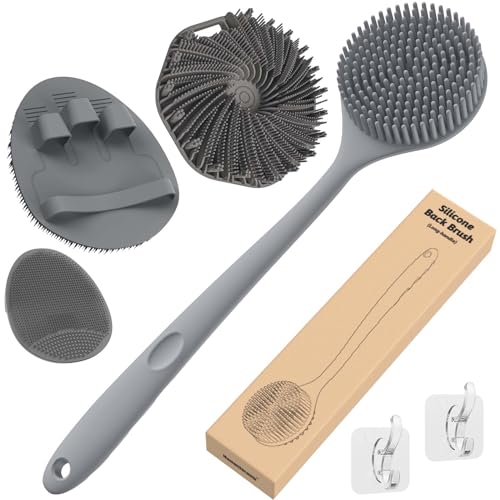 Manmihealth Silicone Back Scrubber & Soft Bath Glove Set 4 PCS(Thick Bristles), Super-Exfoliating Body Scrubber & Super-Lathering Shower Brush Combination, with 2 Adhesive Hook(Gray)