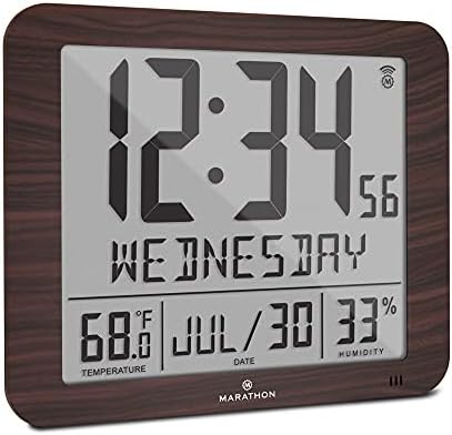 Marathon Slim Jumbo Atomic Wall Clock, Wood Finish - Large Full Calendar Display, Alarm, Indoor Temperature & Humidity, Time in AM/PM or 24-Hour Format, Seven Time Zones