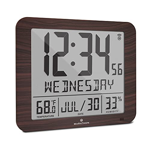 Marathon Slim Jumbo Atomic Wall Clock, Wood Finish - Large Full Calendar Display, Alarm, Indoor Temperature & Humidity, Time in AM/PM or 24-Hour Format, Seven Time Zones