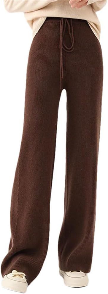 Women's Wool Straight Wide Leg Pants Drawstring High Waist Baggy Slacks Pants Winter Thermal Sweatpants