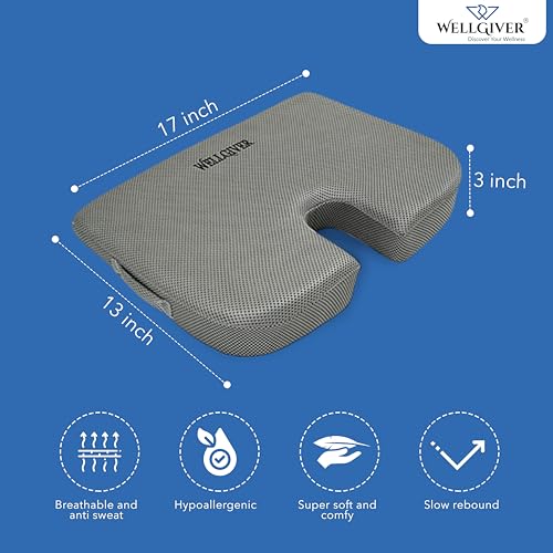 Image of WELLGIVER Memory Foam Car Seat Cushion for Driving - Orthopedic Seat Cushion for Car & Office Chair, Tailbone & Sciatica Pain Relief, Ergonomic Coccyx Support Pillow with Breathable Cover