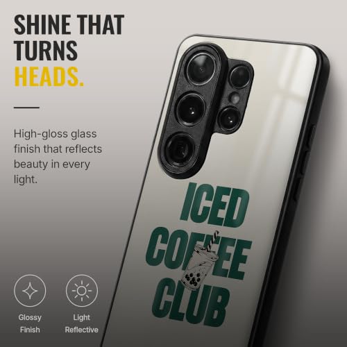 Image of Stylish Designer Glass Case Compatible with Samsung Galaxy S23 FE 5G Back Cover for Women & Girls | Beige Iced Coffee Club, Glossy & Scratch-Resistant Finish
