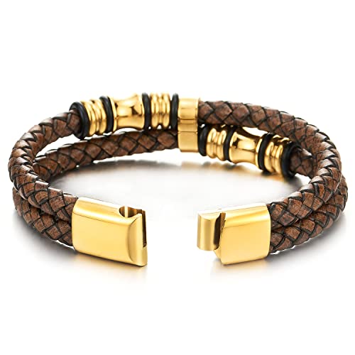 Pulsera trenzada doble para hombre con cuero y acero inoxidable miniatura 3
